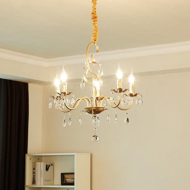 5/8-Light Metallic Chandelier Lamp Modern Gold Finish Exposed Pendant Chandelier Light with Crystal Deco and Curved Arm