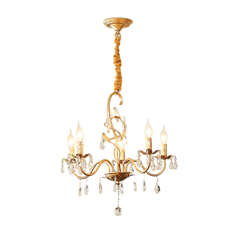 5/8-Light Metallic Chandelier Lamp Modern Gold Finish Exposed Pendant Chandelier Light with Crystal Deco and Curved Arm