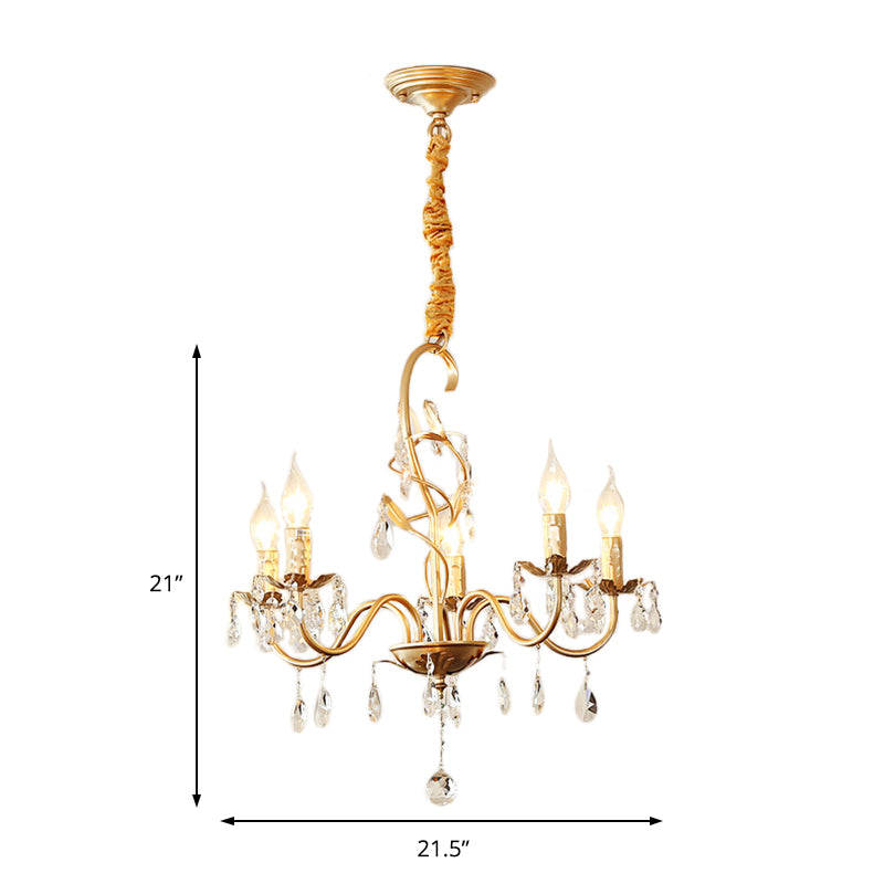 5/8-Light Metallic Chandelier Lamp Modern Gold Finish Exposed Pendant Chandelier Light with Crystal Deco and Curved Arm