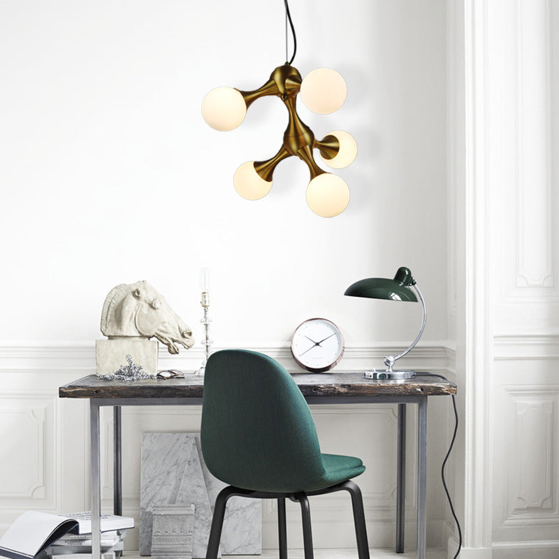 Metal Starburst Chandelier Lamp Modern 5/9/15 Lights Brass Chandelier Light with White Glass Globe Shade