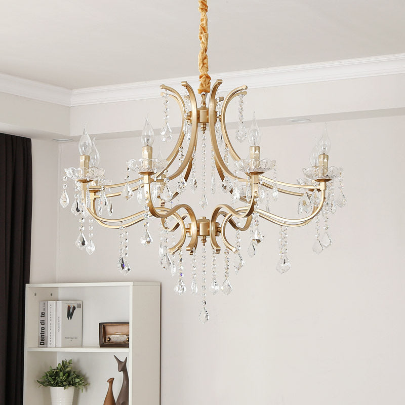 Metal Flameless Candle Pendant Chandelier Light Modernism 6/8 Heads Hanging Lamp with Crystal Bead in Gold