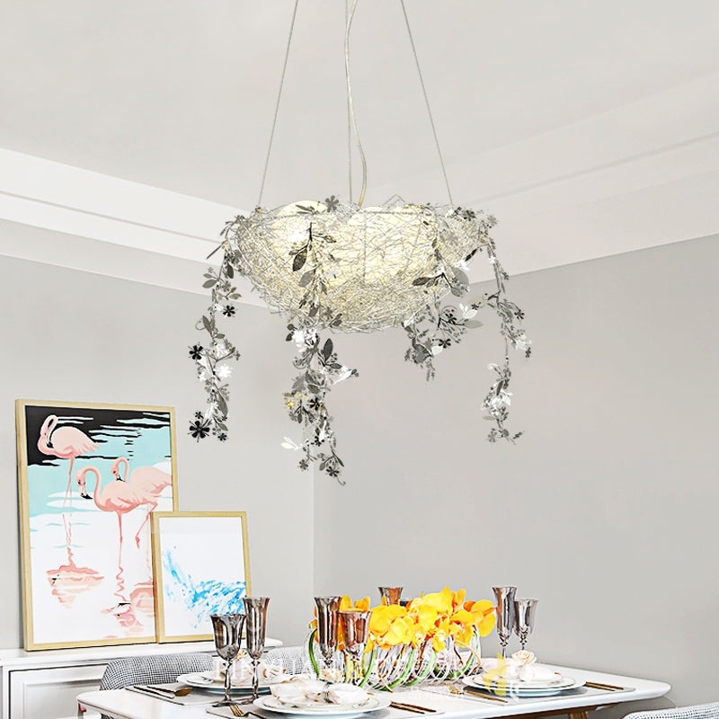 Nest Metal Chandelier Lighting Art Deco 4 Lights Silver/Gold Hanging Ceiling Lamp with Milk Glass Globe Shade