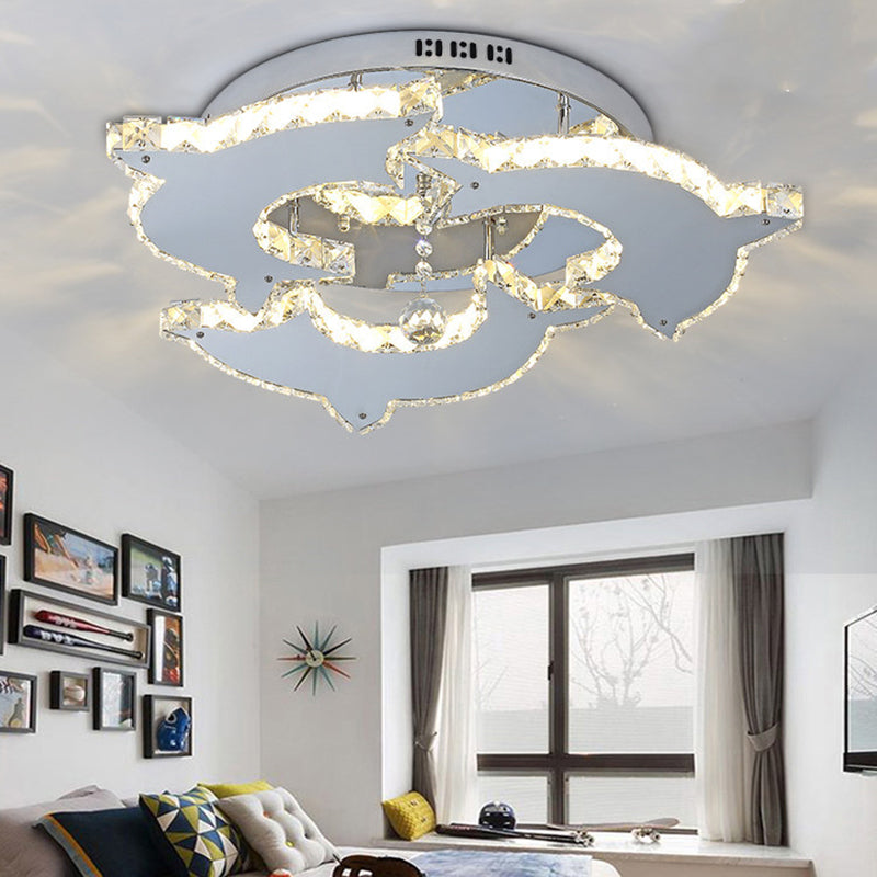 Modern Style Dolphin Semi Flush Mount Light Crystal and Metal 2/3 Heads Ceiling Light in Nickel