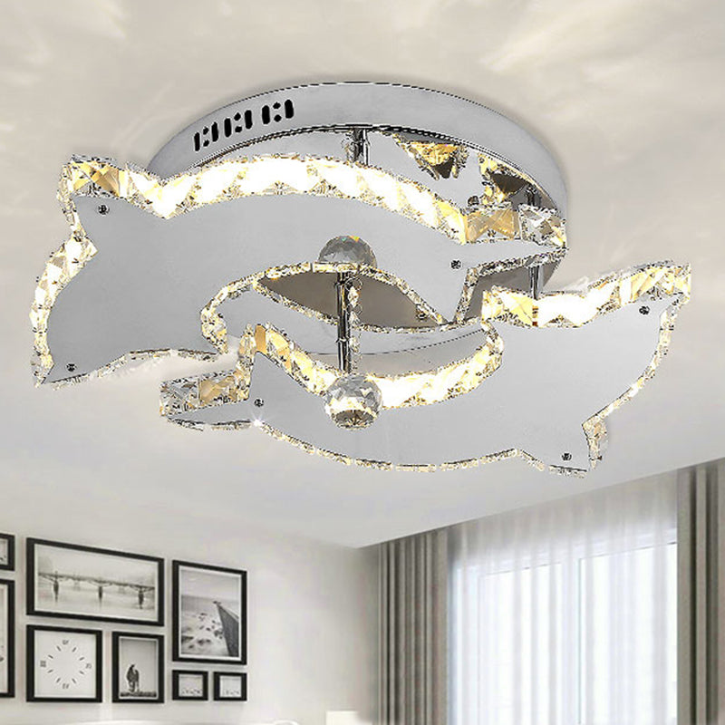 Modern Style Dolphin Semi Flush Mount Light Crystal and Metal 2/3 Heads Ceiling Light in Nickel