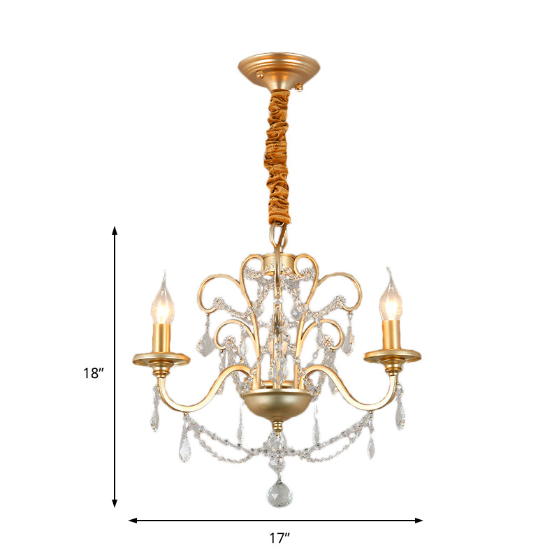 Flameless Candle Metal Pendant Chandelier Light Vintage Gold 3/6-Heads Hanging Lamp with Crystal Decoration