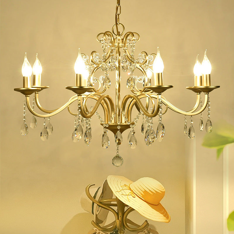 Vintage Exposed Chandelier Lamp Metal 3/6/8 Bulbs Chandelier Pendant Light with Clear Crystal Deco in Gold Finish