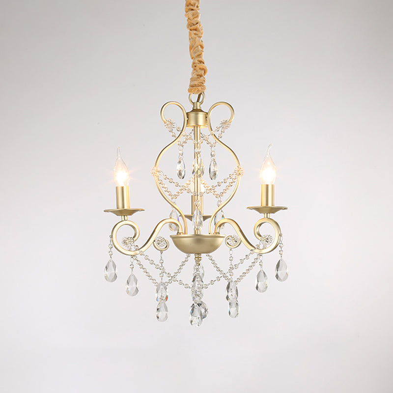 French Country Candle Hanging Chandelier Light Metal 3/6/8 Lights Pendant Lamp with Crystal Bead in Gold