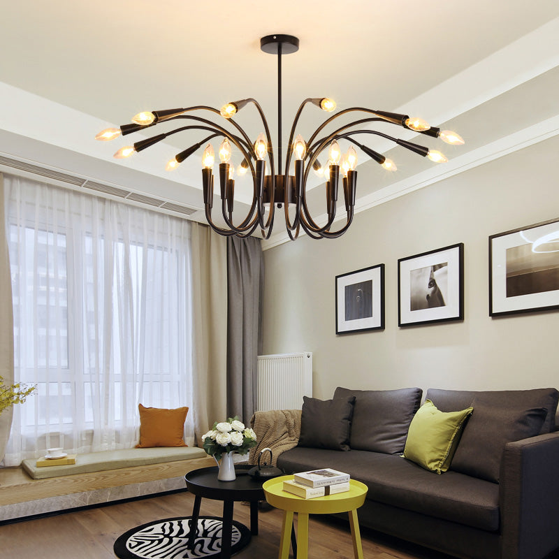 Abstract Metal Chandelier Lighting Modernist Multi Lights Black Hanging Pendant Lamp with Bare Bulb and Curved Arm