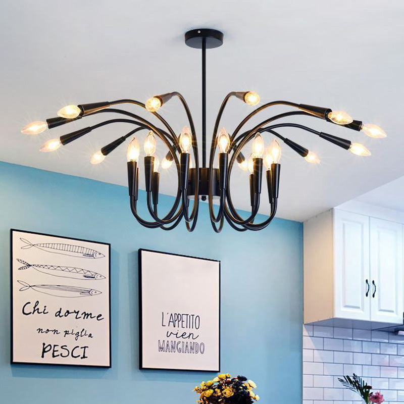 Abstract Metal Chandelier Lighting Modernist Multi Lights Black Hanging Pendant Lamp with Bare Bulb and Curved Arm