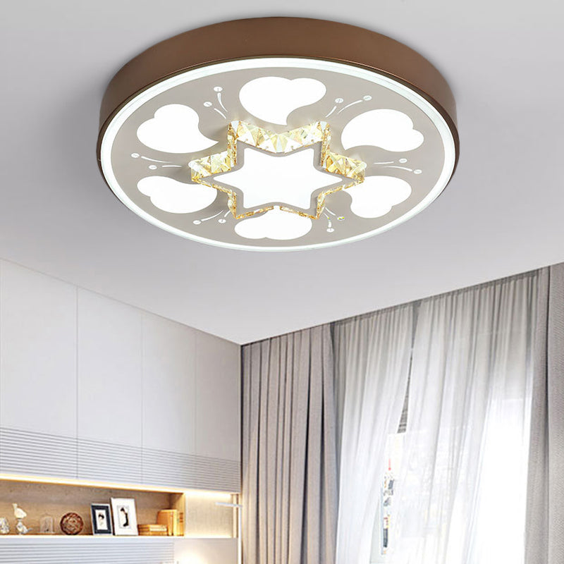 Brown/White Circle Flush Ceiling Light LED Modern Acrylic and Crystal Ceiling Fixture in White/3 Color Lighting for Bedroom