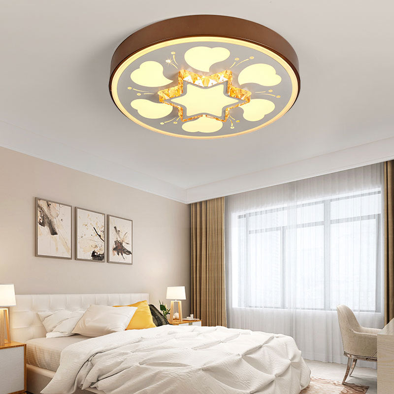 Brown/White Circle Flush Ceiling Light LED Modern Acrylic and Crystal Ceiling Fixture in White/3 Color Lighting for Bedroom