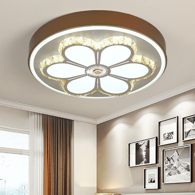 Modern Flower Pattern Flush Ceiling Light Crystal and Acrylic White/3 Color LED Ceiling Light in Brown/White