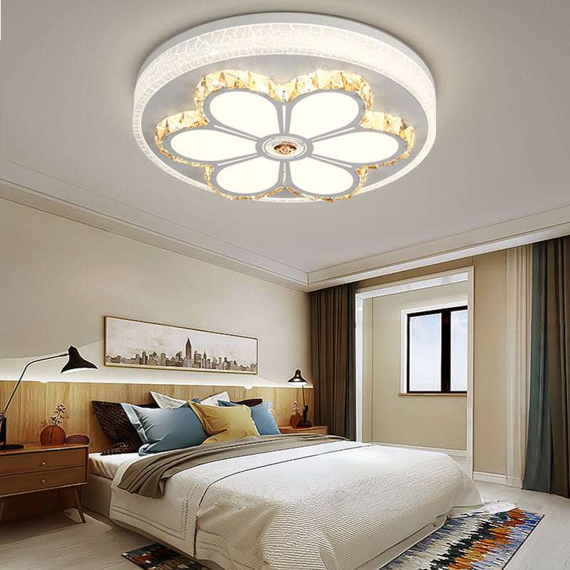 Modern Flower Pattern Flush Ceiling Light Crystal and Acrylic White/3 Color LED Ceiling Light in Brown/White