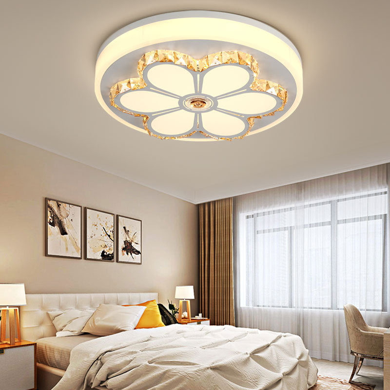 Modern Flower Pattern Flush Ceiling Light Crystal and Acrylic White/3 Color LED Ceiling Light in Brown/White