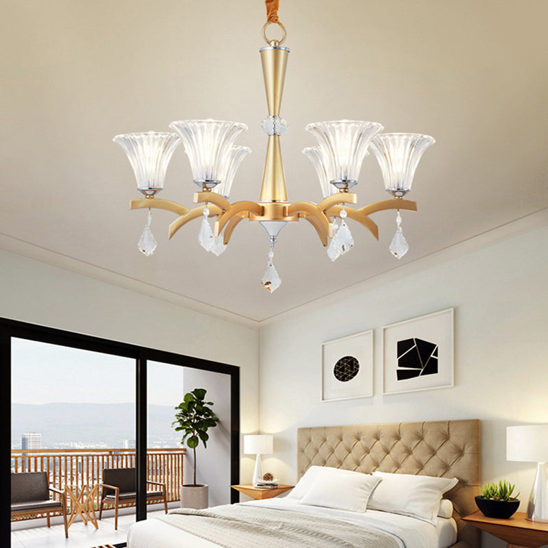 6/8 Bulbs Gold Chandelier Pendant Light Modern Bell Shade Pendant Lighting with Clear Crystal Design For Indoor