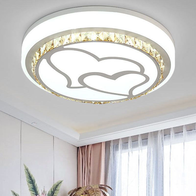 LED Loving Heart Flush Ceiling Light with Round Shade Modern Acrylic and Crystal Brown/White Ceiling Lamp in White/3 Color