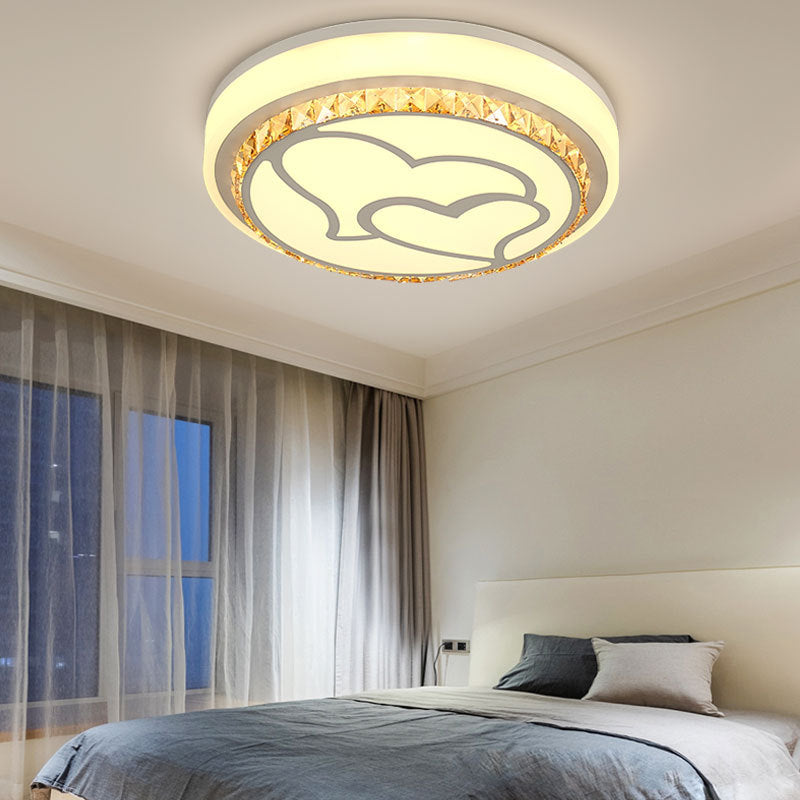 LED Loving Heart Flush Ceiling Light with Round Shade Modern Acrylic and Crystal Brown/White Ceiling Lamp in White/3 Color