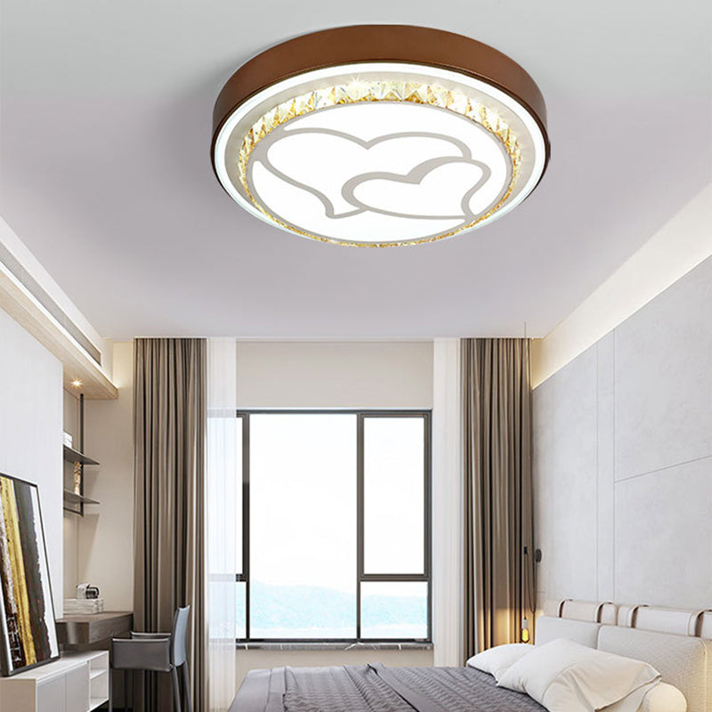 LED Loving Heart Flush Ceiling Light with Round Shade Modern Acrylic and Crystal Brown/White Ceiling Lamp in White/3 Color