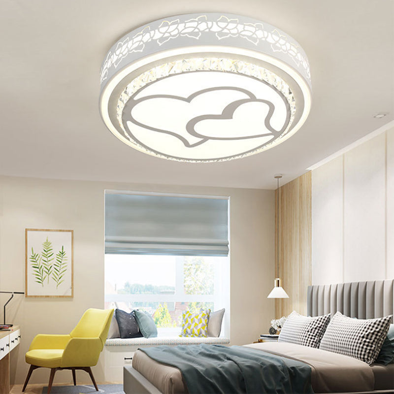 LED Loving Heart Flush Ceiling Light with Round Shade Modern Acrylic and Crystal Brown/White Ceiling Lamp in White/3 Color