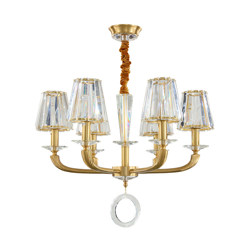 Clear Crystal Cone Shade Pendant Light Fixture Modern 6 Light Hanging Chandelier Light in Brass for Bedroom