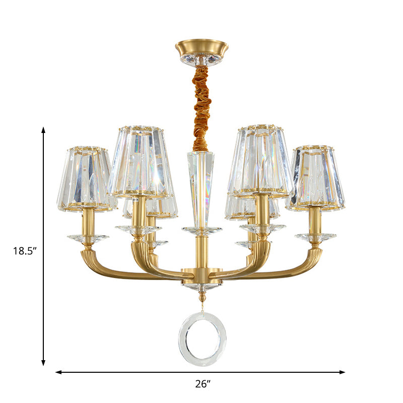 Clear Crystal Cone Shade Pendant Light Fixture Modern 6 Light Hanging Chandelier Light in Brass for Bedroom