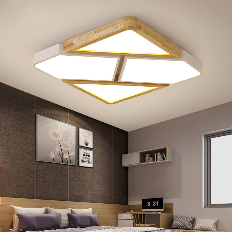 Luz de techo cuadrada empalmada gris/blanco/verde, madera nórdica y metal, luz de techo LED para dormitorio de 18"/21,5"/34,5" de ancho en blanco cálido/neutro