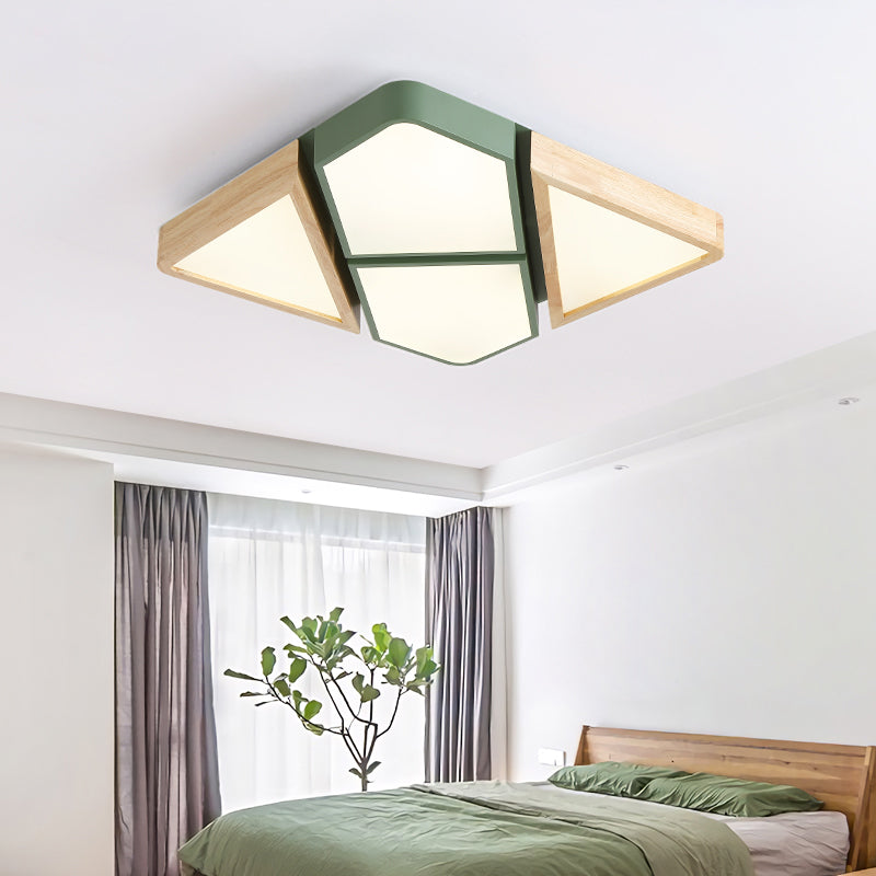 Gray/White/Green Spliced Square Ceiling Mount Light Nordic Wood and Metal 18"/21.5"/34.5" Wide LED Bedroom Ceiling Light in Warm/White/Neutral