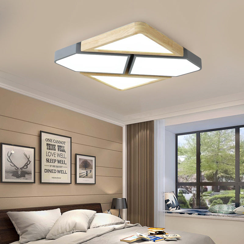 Gris / Blanc / Vert carré épissée Ceiling Mount Light Nordic Wood and Metal 18 "/21.5" /34.5 " Wide LED Bedroom Ceiling Light in Warm / White / Neutral