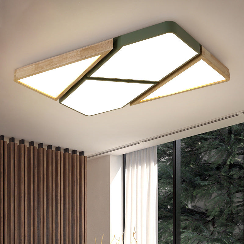 Luz de techo cuadrada empalmada gris/blanco/verde, madera nórdica y metal, luz de techo LED para dormitorio de 18"/21,5"/34,5" de ancho en blanco cálido/neutro