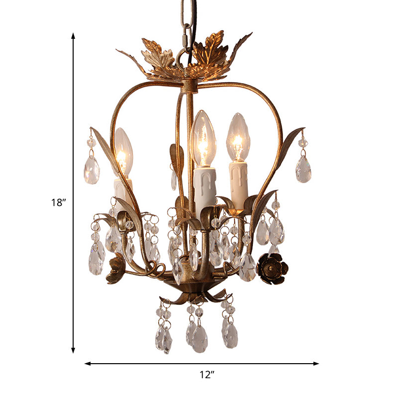 Country Style Caged Chandelier Light Iron 3 Heads Hanging Lamp with Crystal and Leaf Deco in Dark Rust