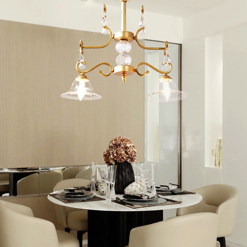 Modern Clear Crystal Chandelier Light Fixture 2 Bulbs Bell Shade Hanging Lamp in Gold for Dining Room