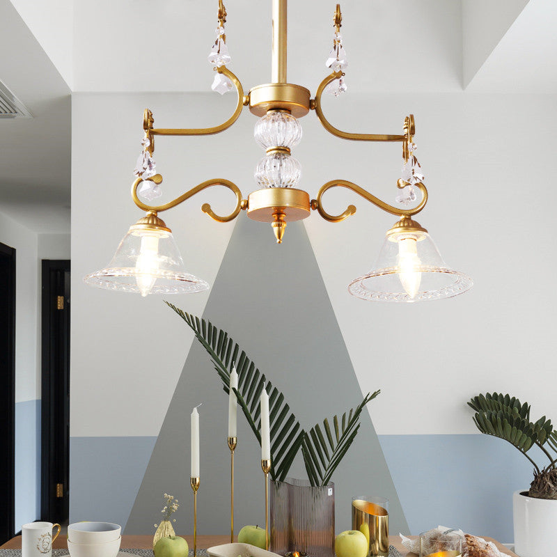 Modern Clear Crystal Chandelier Light Fixture 2 Bulbs Bell Shade Hanging Lamp in Gold for Dining Room