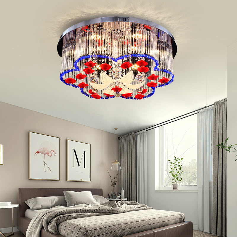 Crystal Prism Ceiling Light with Flower Design LED Modernist Flush Ceiling Light in Blue and Red, 19.5"/23.5" Width