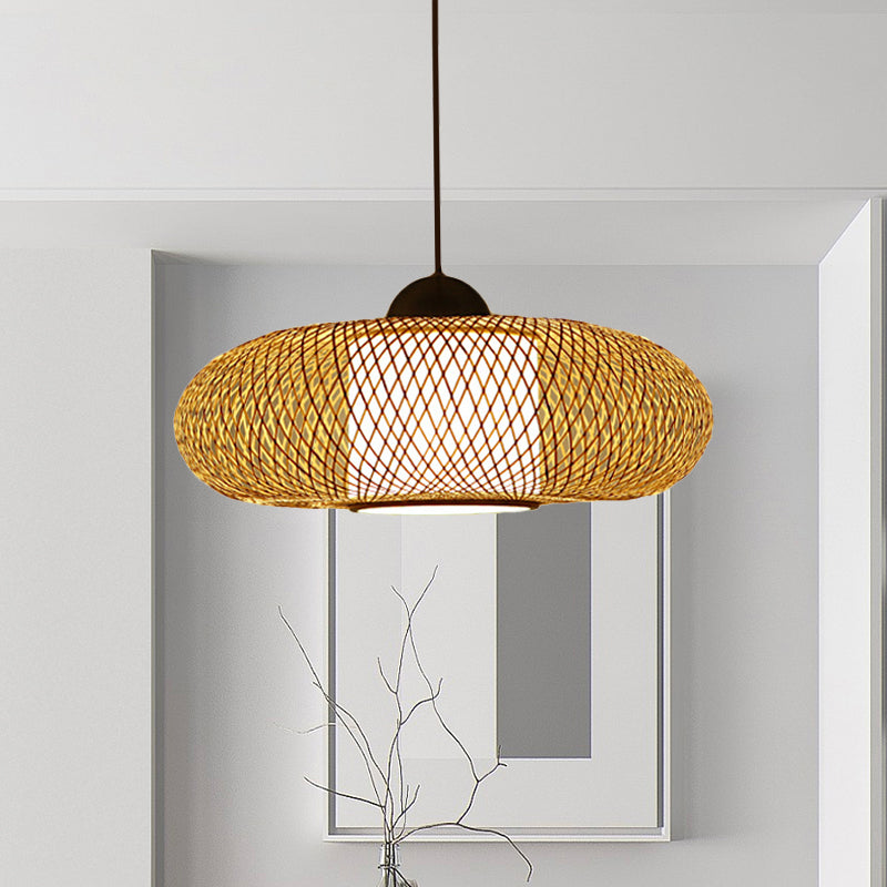 Black/Wood Cross Woven Hanging Pendant Light with Drum Shade Contemporary 1 Head Bamboo Hanging Lamp