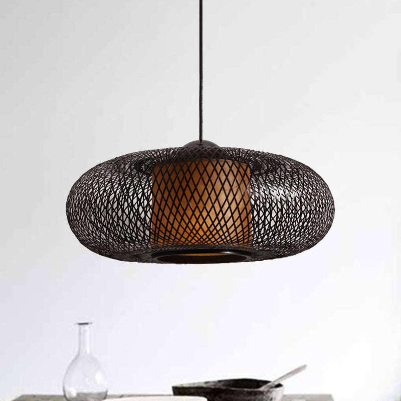 Black/Wood Cross Woven Hanging Pendant Light with Drum Shade Contemporary 1 Head Bamboo Hanging Lamp