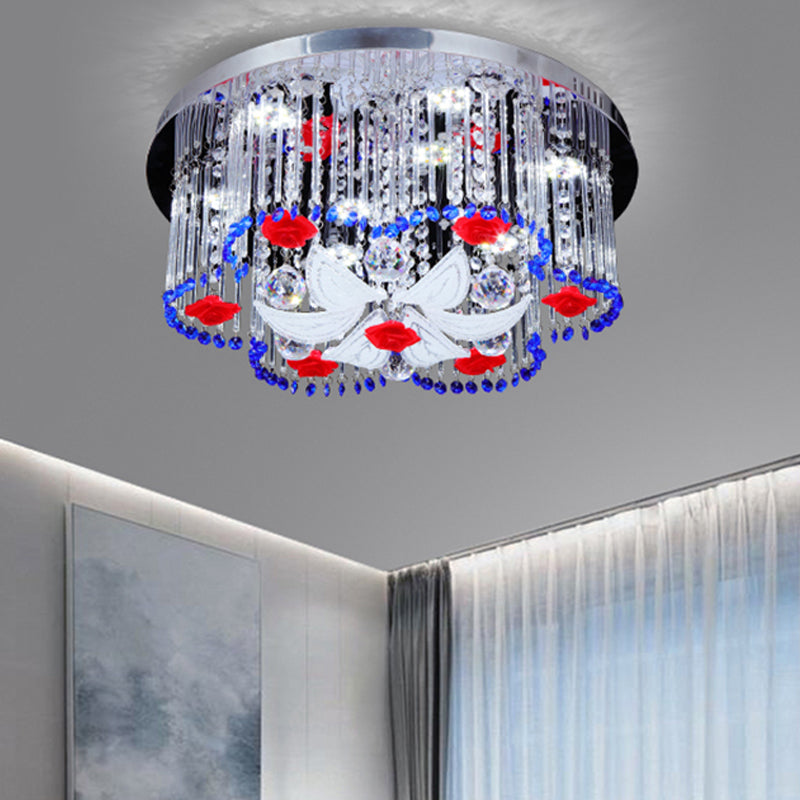 Crystal Prism Ceiling Light with Flower Design LED Modernist Flush Ceiling Light in Blue and Red, 19.5"/23.5" Width