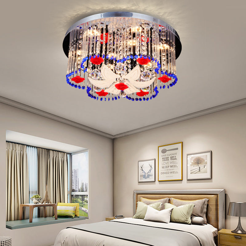 Crystal Prism Ceiling Light with Flower Design LED Modernist Flush Ceiling Light in Blue and Red, 19.5"/23.5" Width