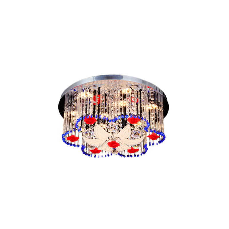 Crystal Prism Ceiling Light with Flower Design LED Modernist Flush Ceiling Light in Blue and Red, 19.5"/23.5" Width