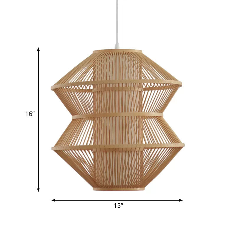 Open-Weave Ceiling Lamp Contemporary Bamboo 1 Light Indoor Hanging Light with Inner Cylinder Shade in Beige