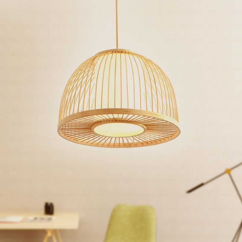 Modernism Domed Pendant Lamp Bamboo 1 Light Indoor Hanging Ceiling Light with Inner Cylinder Shade in Beige, 12"/14" W