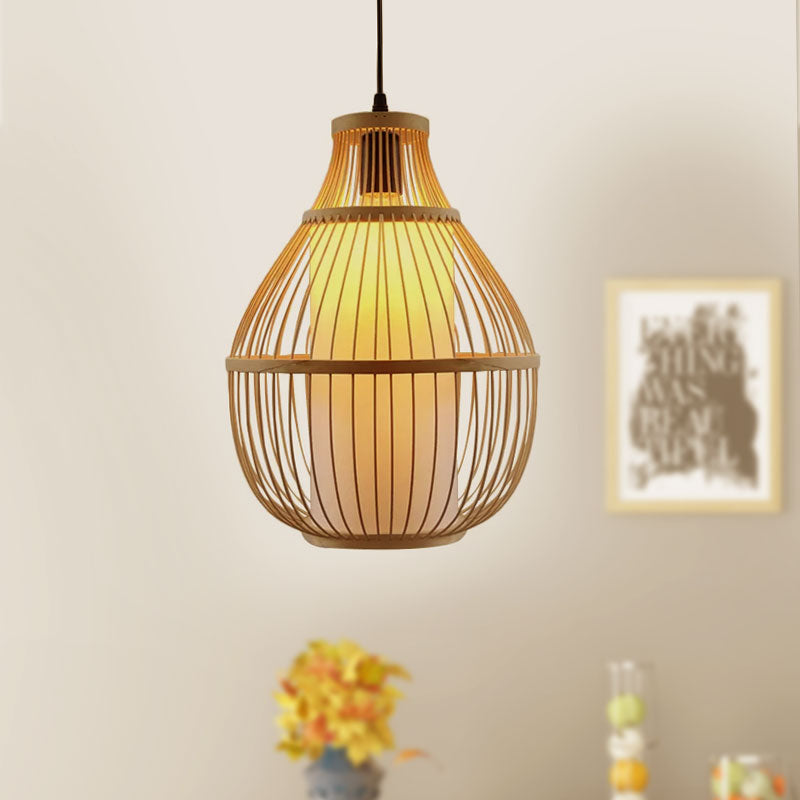 Teardrop Hanging Lamp Lodge Style Bamboo 1 Head Beige Pendant Lighting with Inner Cylinder Paper Shade