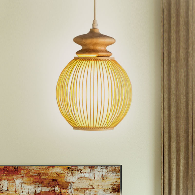 Bamboo Global Shade Hanging Lamp Asian Style 1 Light Ceiling Light Fixture with Wooden Cap in Beige, 9"/12" Dia