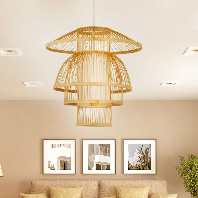 Tiered Dining Room Pendant Lighting Bamboo 1-Light Asian Stylish Hanging Lamp in Beige