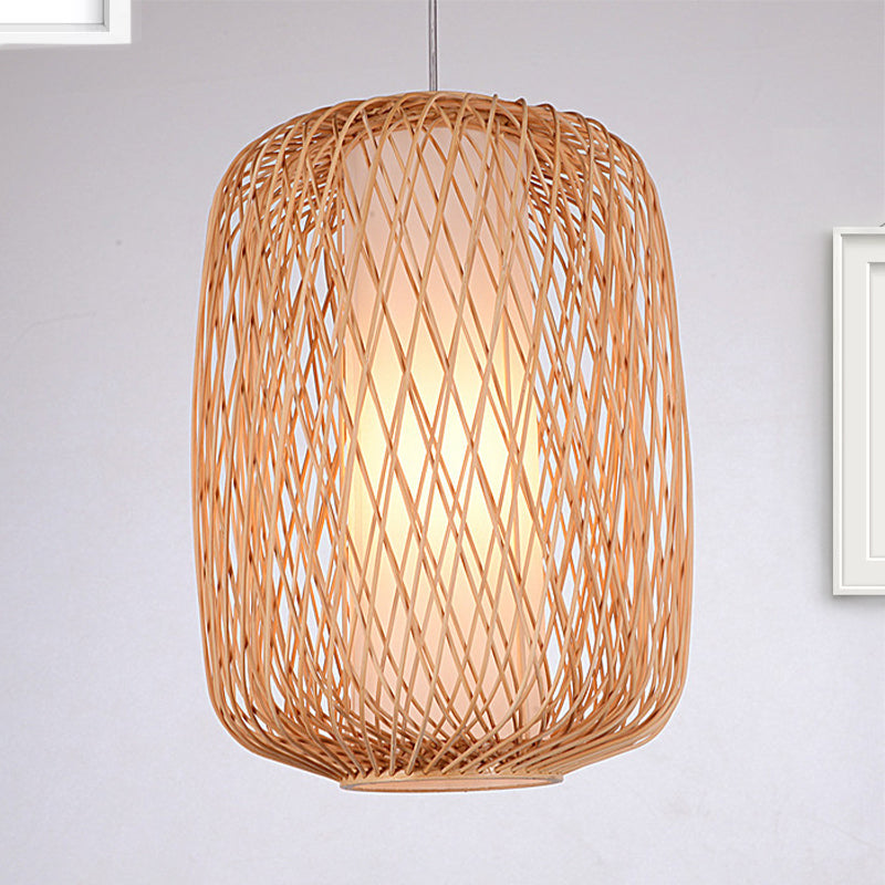 Asiatische stilvolle handgestrickte hängende Beleuchtung mit Zylinderschatten Bambus 1 Leichte Wohnzimmer Anhängerlampe in Beige