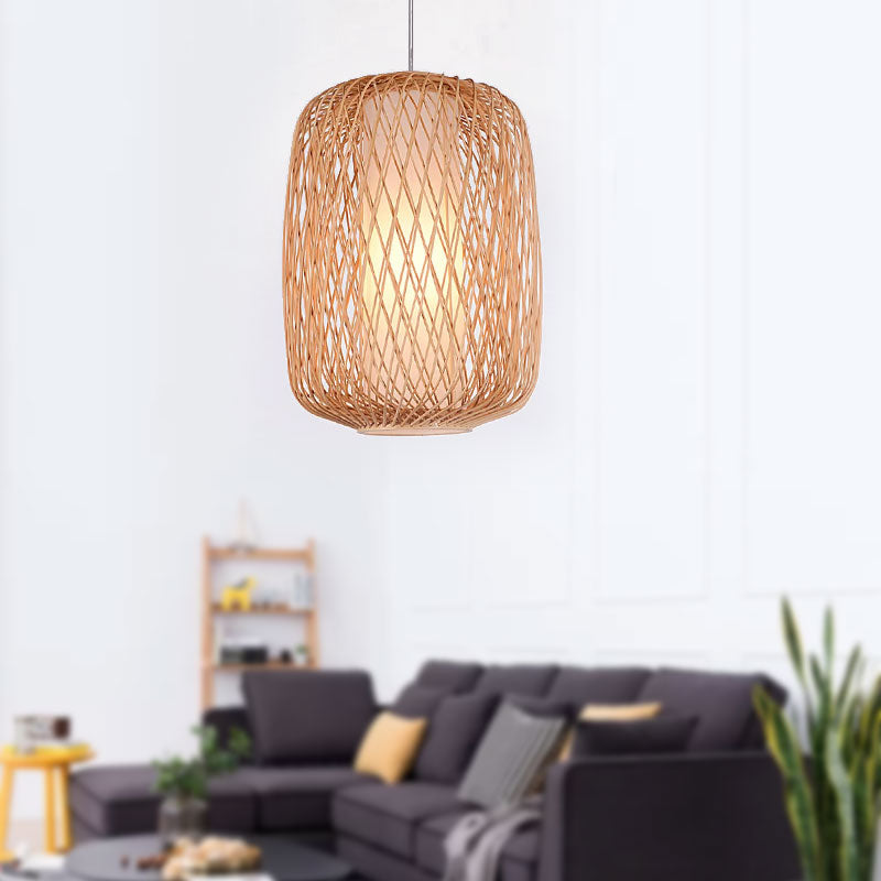 Asiatische stilvolle handgestrickte hängende Beleuchtung mit Zylinderschatten Bambus 1 Leichte Wohnzimmer Anhängerlampe in Beige