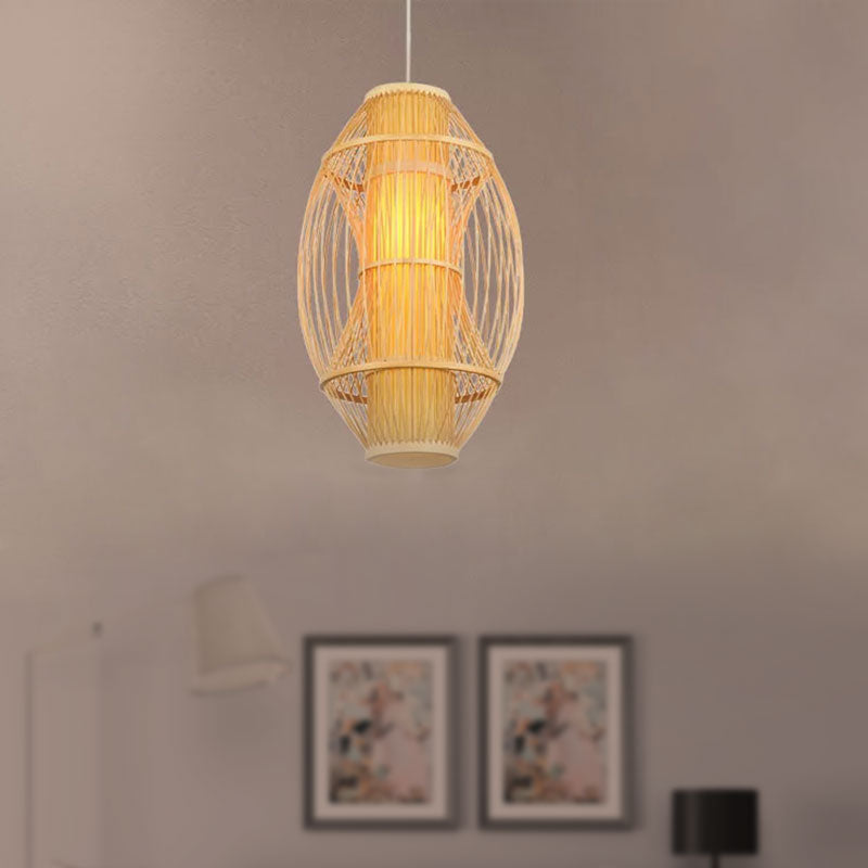 Beige Oblong Shade Hanging Pendant Light Contemporary 1 Head Bamboo Hanging Lamp for Kitchen