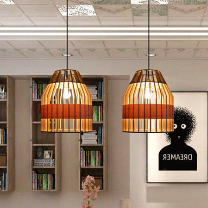 Japanese Bird Cage Pendant Light Fixture Wooden 1 Light Restaurant Hanging Ceiling Light in Yellow