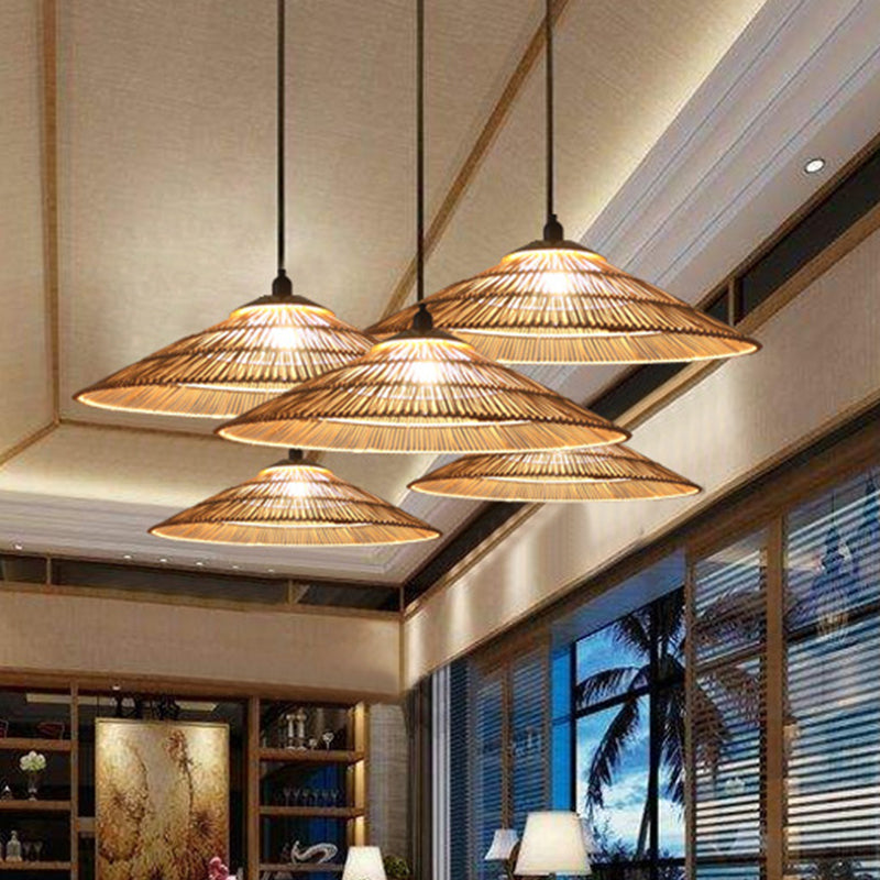 Asian Single Bulb Pendant Lamp with Hand-Woven Rattan Brown Tapered Hanging Light for Restaurant Living Room