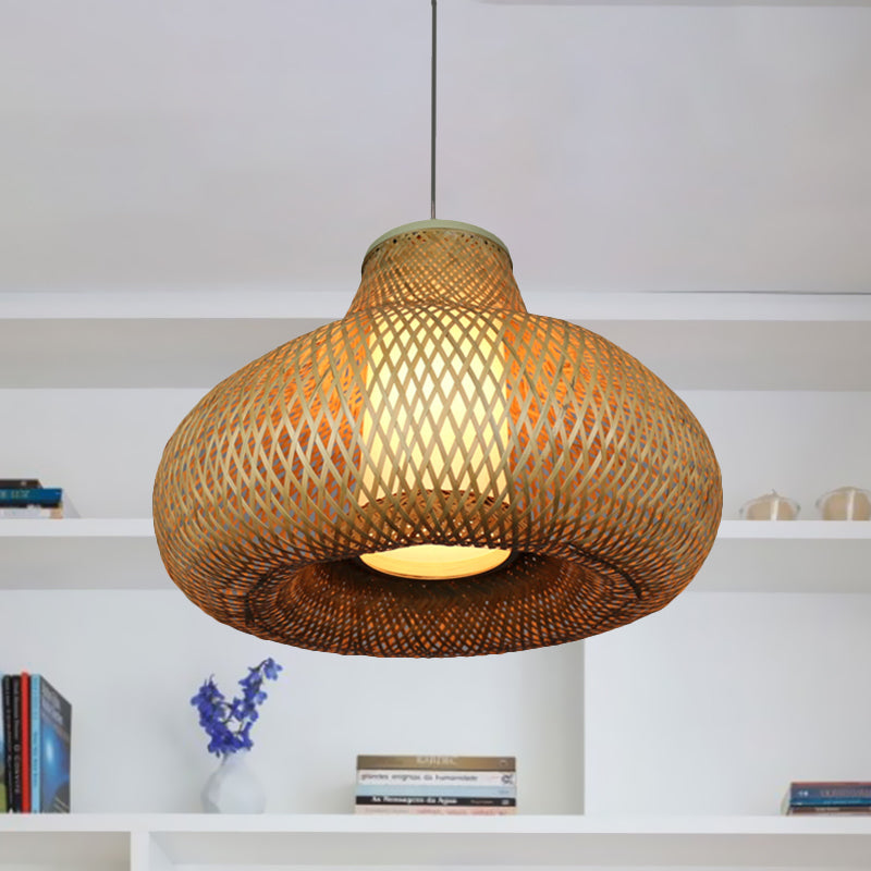 Gourd Shape Bamboo Pendant Light Chinese 1-Light Beige Hanging Light for Restaurant Hotel