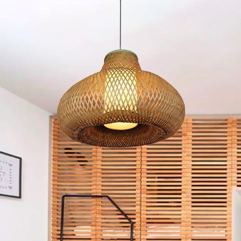 Gourd Shape Bamboo Pendant Light Chinese 1-Light Beige Hanging Light for Restaurant Hotel